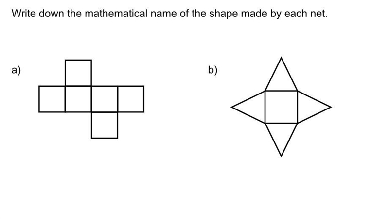 Write down the mathematical name of the shape made by each net. a) b) How do I do-example-1