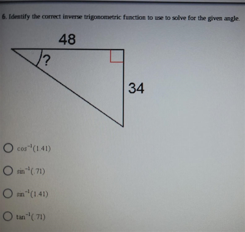 Identify the correct inverse trigonometric function to use to solve for the given-example-1