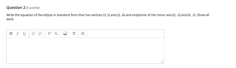 Write the equation of the ellipse in standard form that has vertices (3, 2) and (3, -6) and-example-1