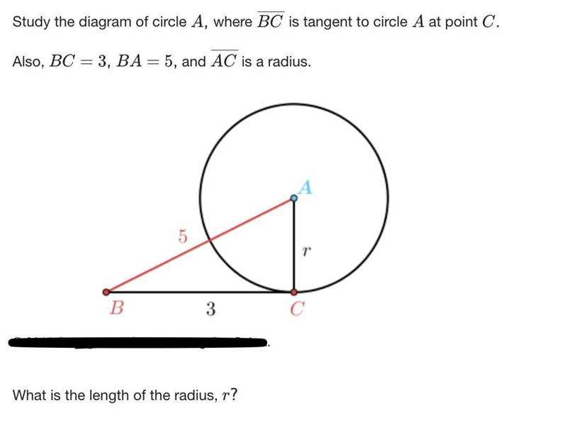 Study the diagram of circle A, where BC is tangent to circle A at point C. Also, BC-example-1