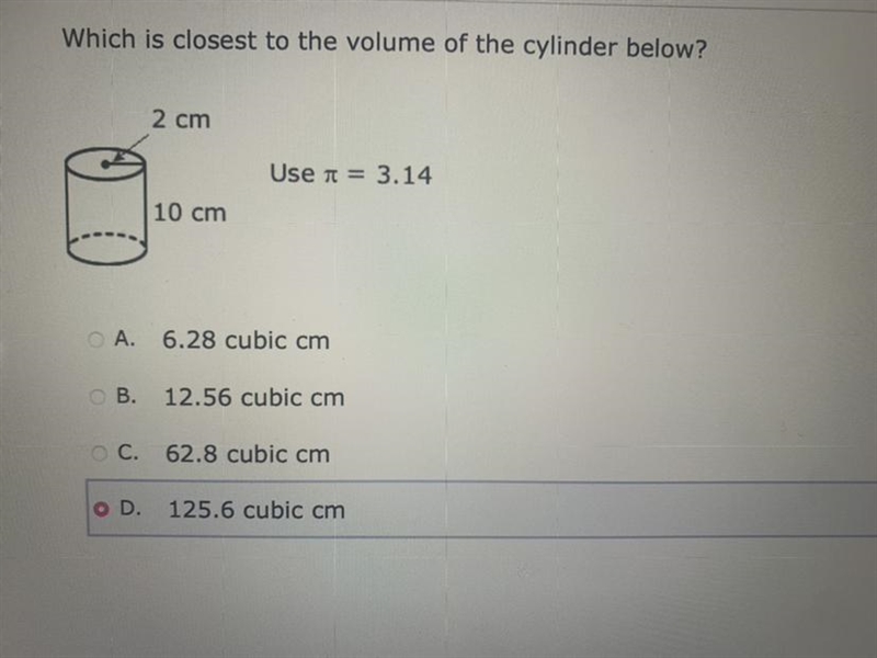 Which is closest to the volume of the cylinder below?-example-1