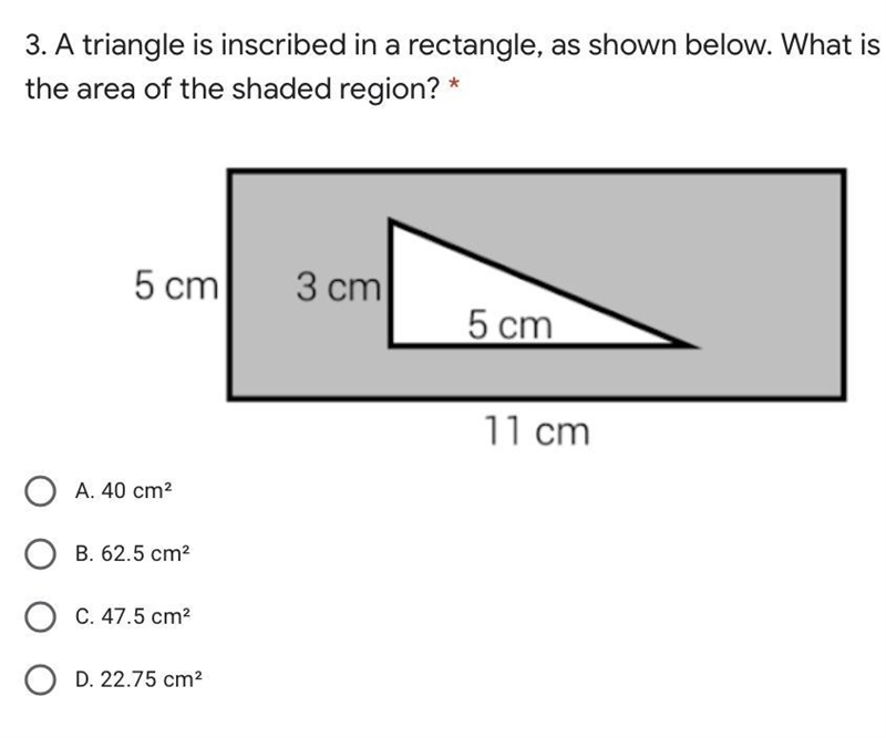 A triangle is inscribed in a rectangle, as shown below. What is the area of the shaded-example-1