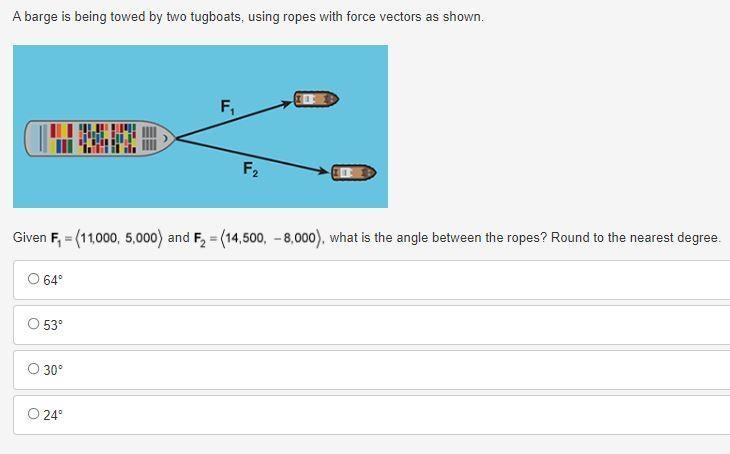 A barge is being towed by two tugboats, using ropes with force vectors as shown.-example-1