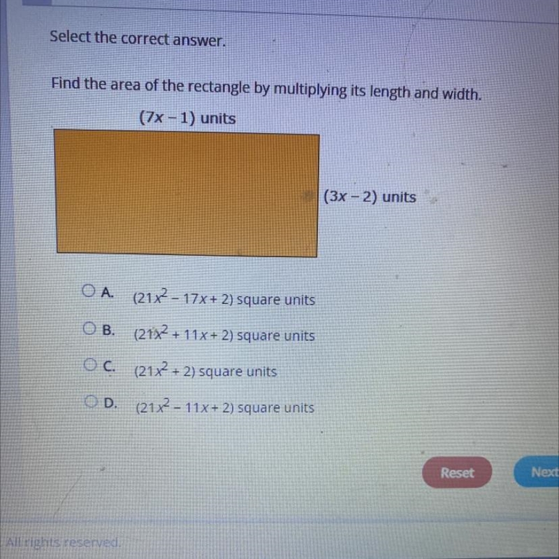 I need help finding the area. Answer ChoicesA. (21x^2 - 17x + 2) Square units B. (21x-example-1