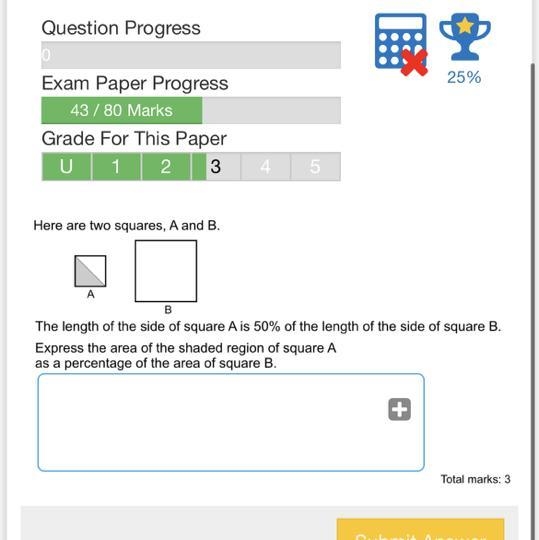 Here are two squares, A and B. B The length of the side of square A is 50% of the-example-1