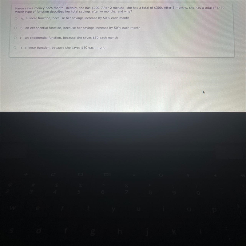 Which type of function describes her total savings after m months and why?-example-1