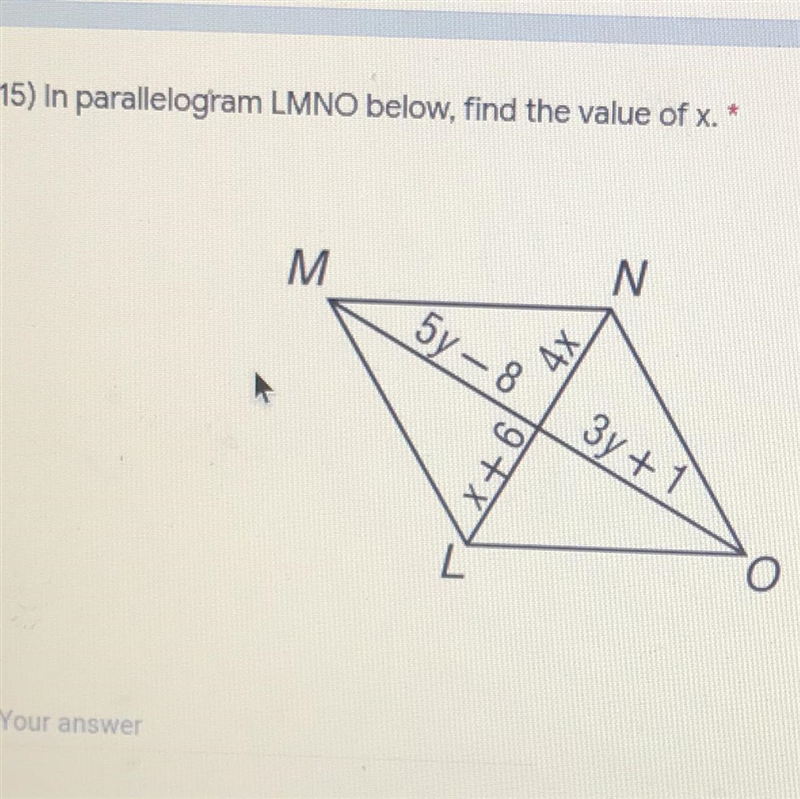 In parallelogram LMNO below, find the length of LN. please help me!-example-1