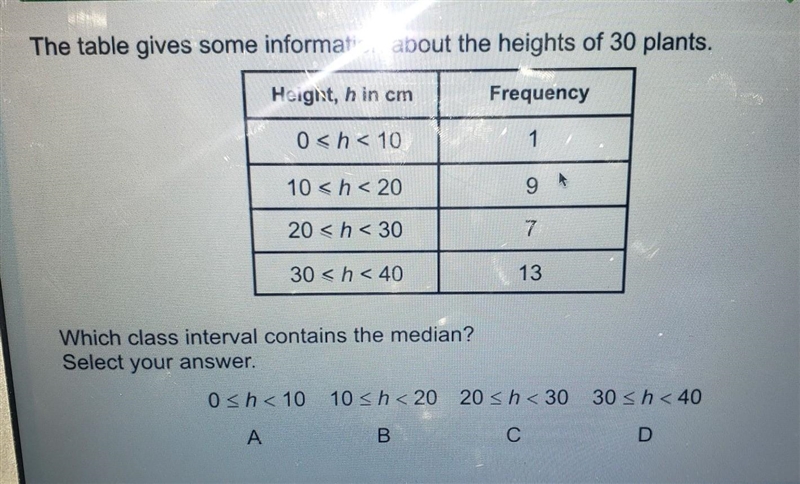 The table gives some information about the heights of 30 plants. Height, h in cm Frequency-example-1