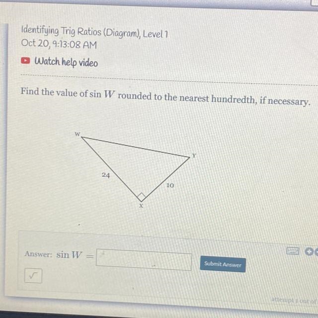 Find the value of sin W rounded to the nearest hundredth, if necessary. Answer: sin-example-1