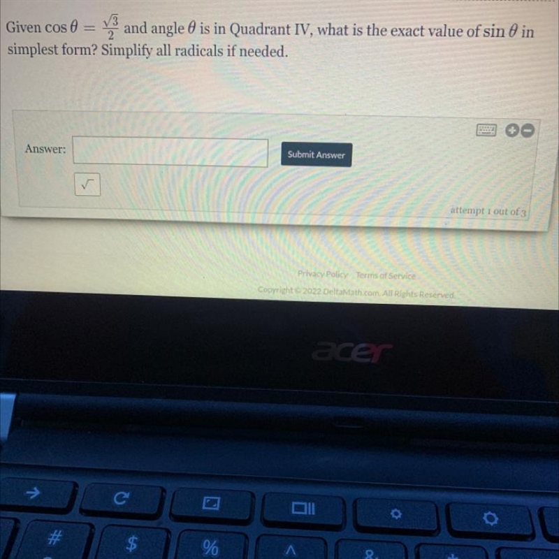 Given cos 8 = and angle 6 is in Quadrant IV, what is the exact value of sin 0 in simplest-example-1