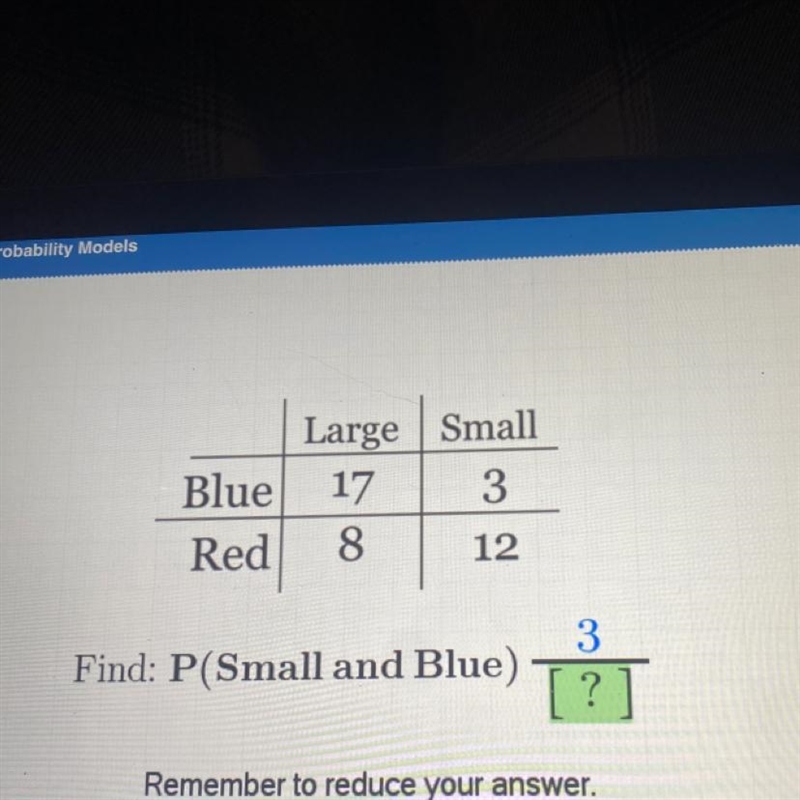 BlueRedLarge Small17 3812Find: P(Small and Blue)3[?Remember to reduce your answer-example-1