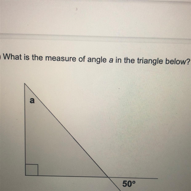 3.) What is the measure of angle a in the triangle below? a 50°-example-1