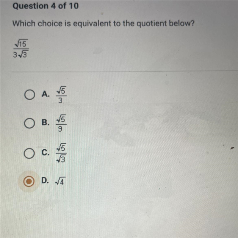 HELP PLEASE which choice is equivalent to the quotient below? √15/3√3 A. √5/3 B. √5/9 C-example-1