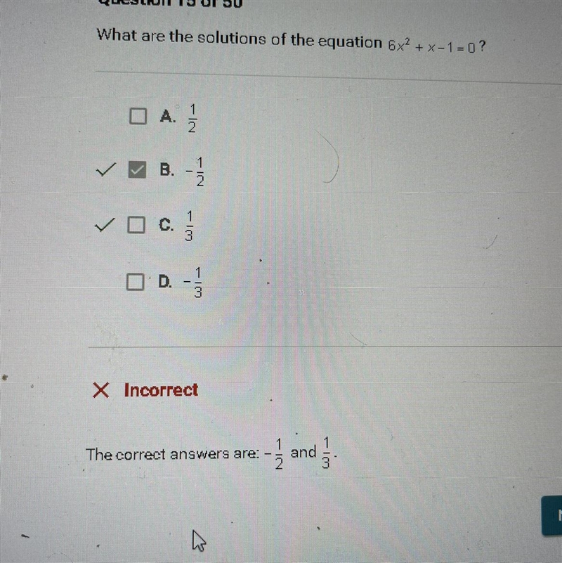 What are the solutions of the equation 6x2 + x-1=0 ? Answers are -1/2 and 1/3-example-1