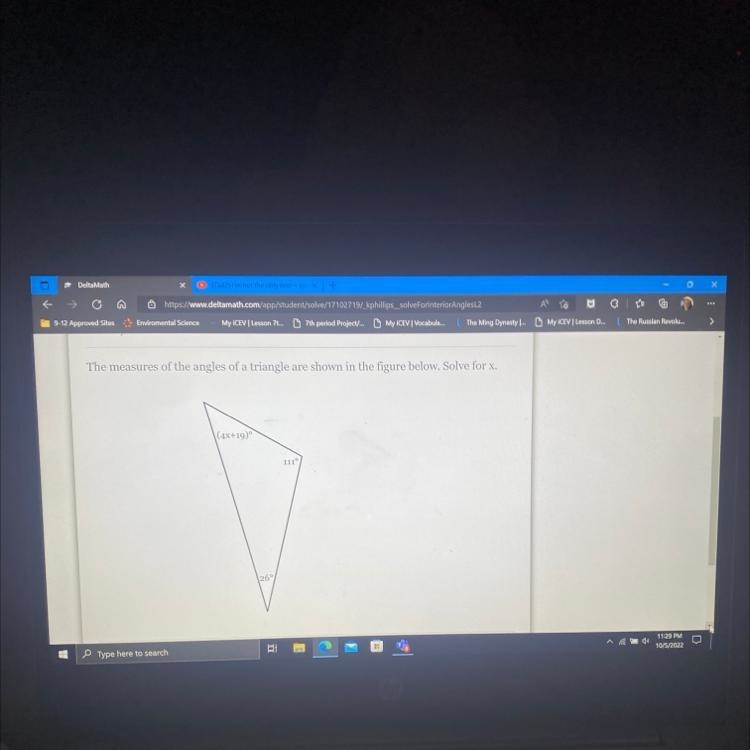 The measures of the angles of a triangle are shown in the figure below. Solve for-example-1