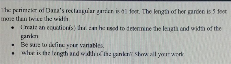 Perimeter of Diana's rectangular garden is 61 feet length of her garden is 5 feet-example-1