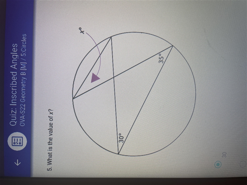 What is the value of X? inscribed angles a. 30 b. 15 c. 35 d. 25-example-1