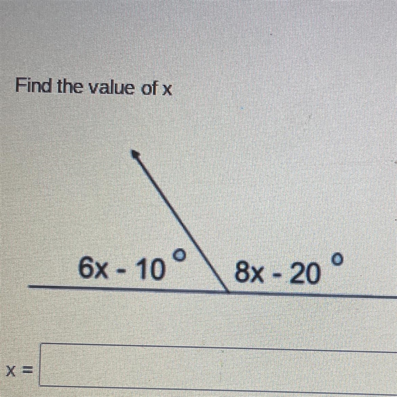 Find the value of x 6x-10 8x -20°-example-1