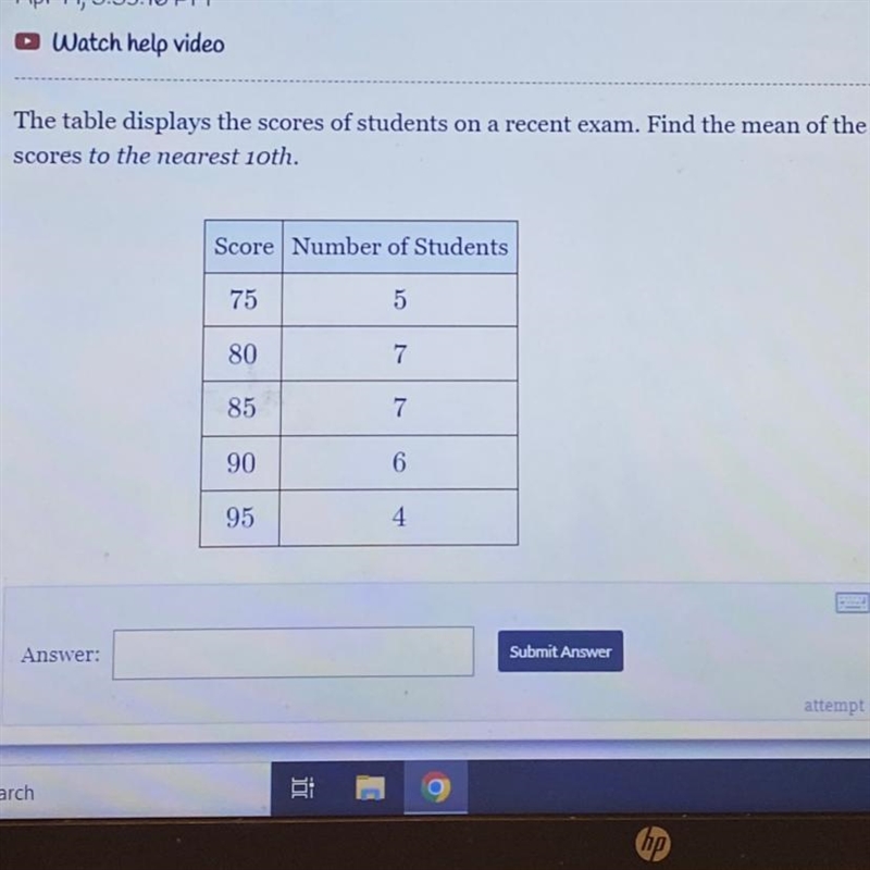 The table displays the scores of students on a recent exam. Find the mean of the scores-example-1