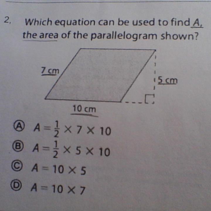 Which equation can be used to find A, the area of the parallelogram shown?-example-1