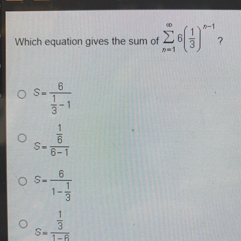 Sum of infinite over E n=1 6(1/3)^n-1-example-1