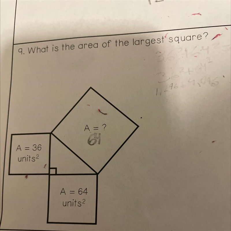 What is the area of the largest square? A = 36 units² A = ? A = 64 units²-example-1