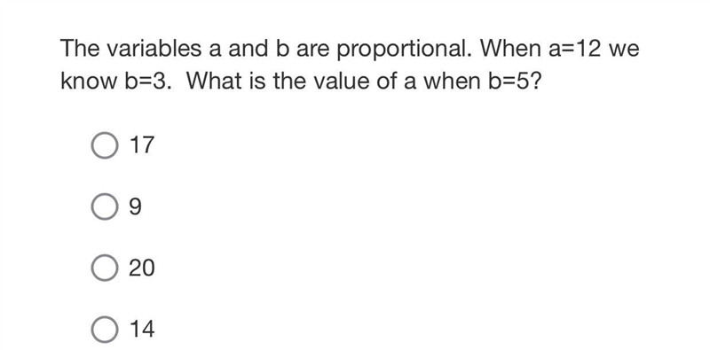 The variables a and b are proportional. When a=12 we know b=3. What is the value of-example-1