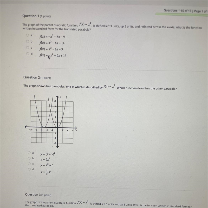 The graph of the parent quadratic function, Ax) - *°, is shifted left 3 units, up-example-1