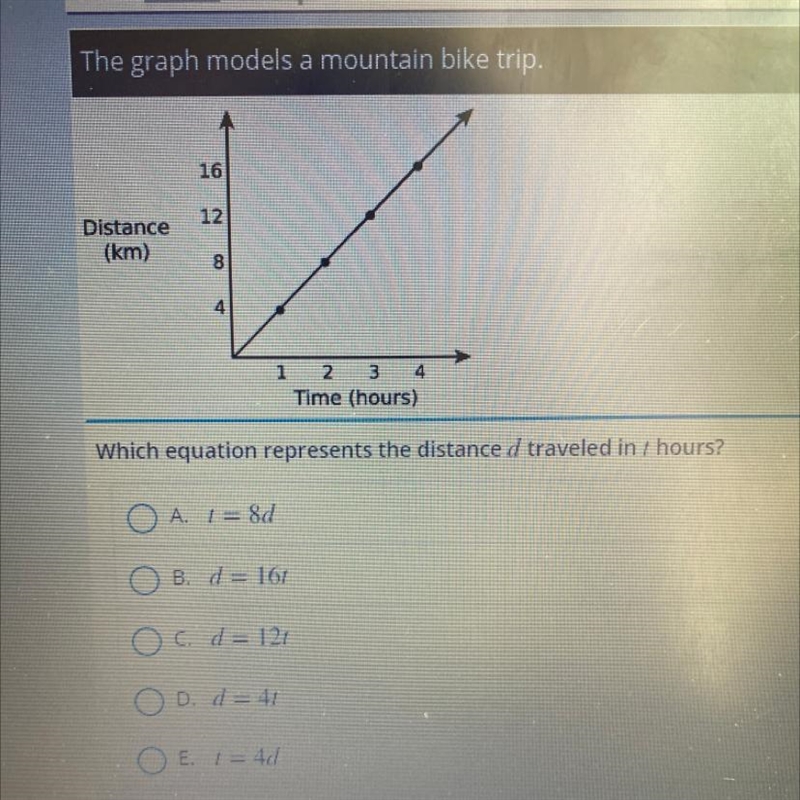 Which equation represents the distance d traveled in t hours?-example-1