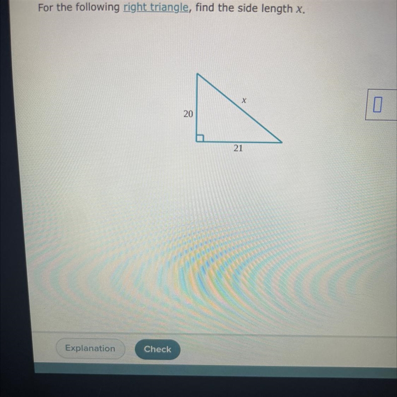 For the following right triangle, find the side length x.-example-1