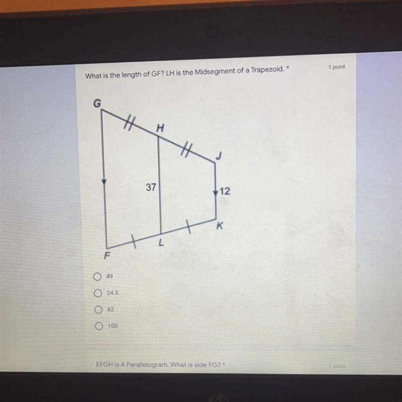 What is the length of GF? LH is the mid set of the trapezoid-example-1