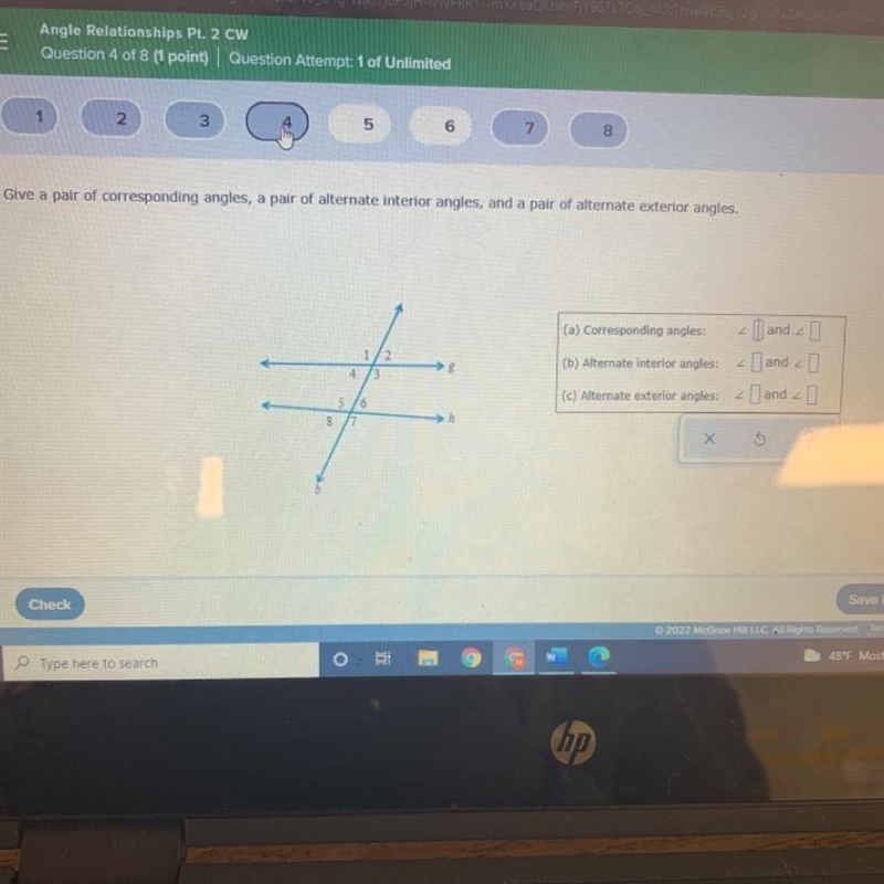 Give a pair of corresponding angles, a pair of alternate interior angles, and a pair-example-1