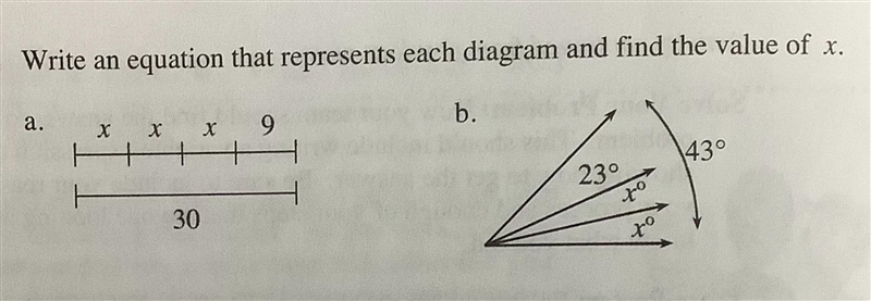 Write an equation that represents each diagram and find the value of x.-example-1