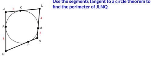 Use the segmants tanget to a circle theorem to find perimeter of JLNQ-example-1