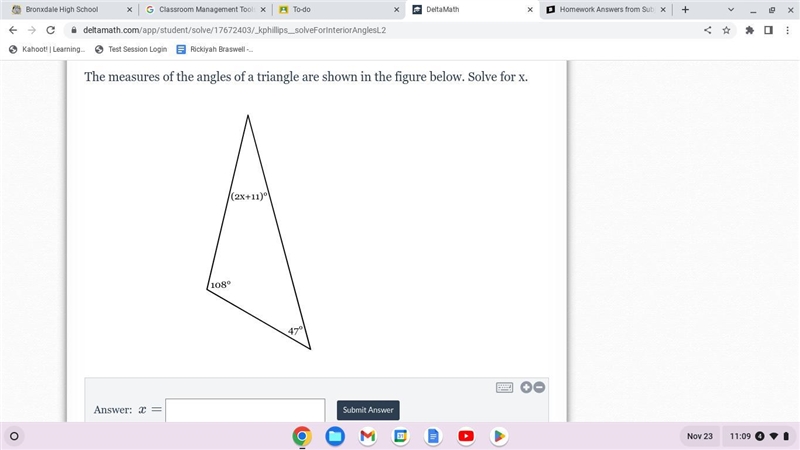 Solve for X in the angle diagram-example-1