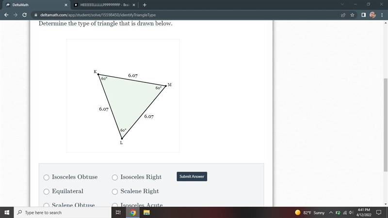 Determine the type of triangle that is drawn below.-example-1