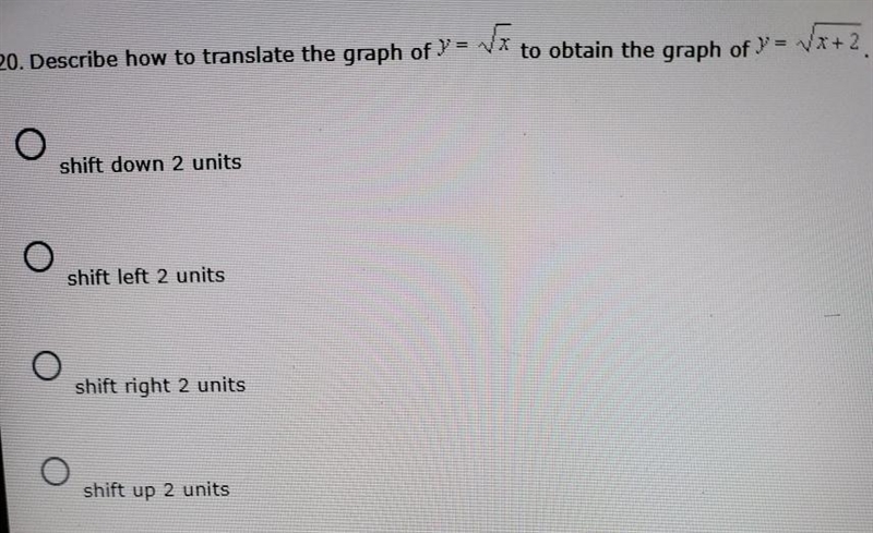 wa 20. Describe how to translate the graph of Y = Vx to obtain the graph of = Vx+ 2 Vx-example-1