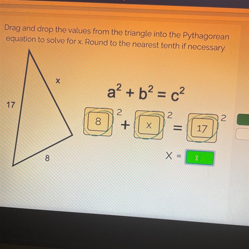 8 squared plus x squared = 17 squared solve for x-example-1