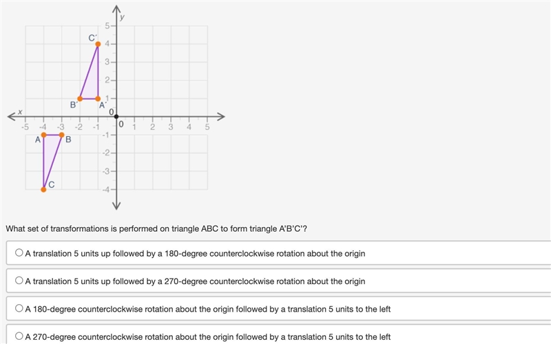 The figure shows two triangles on a coordinate grid.. which set of transformations-example-1