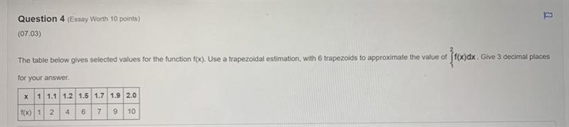 The table below gives selected values for the function f(x). Use a trapezoidal estimation-example-1