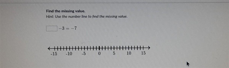 Find the missing value Hint: Use the number line to find the missing value ____ -3 = -7 {The-example-1