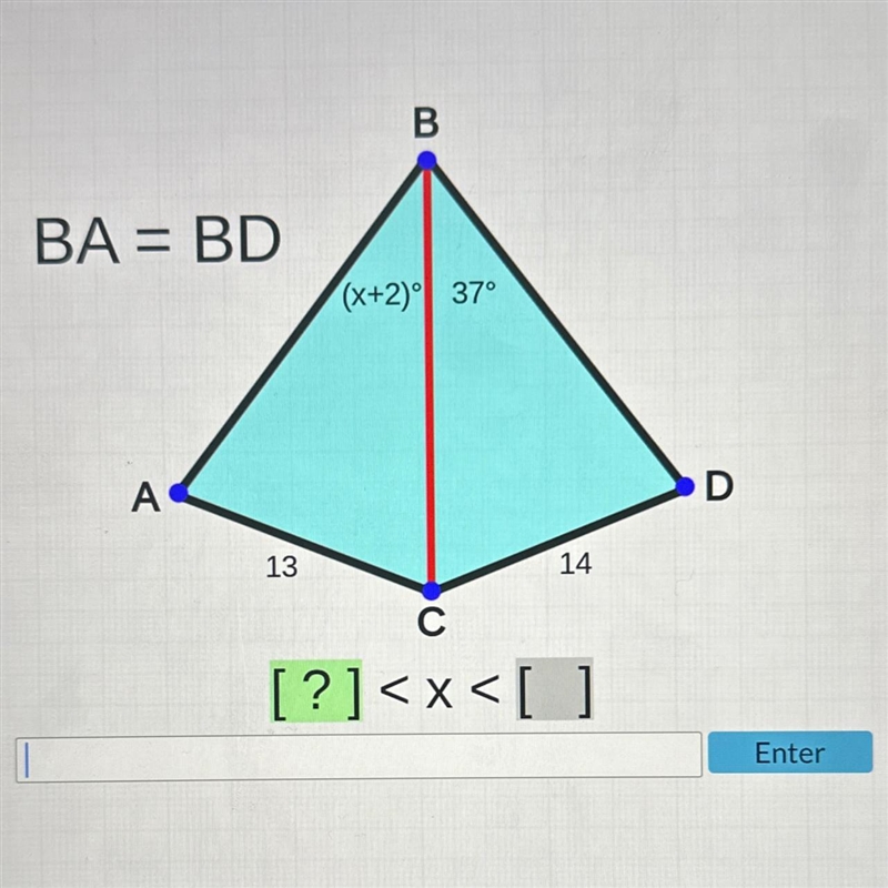 BA= BD AC=13 CD=14 ABC=(x+2)° CBD=37° [?]-example-1