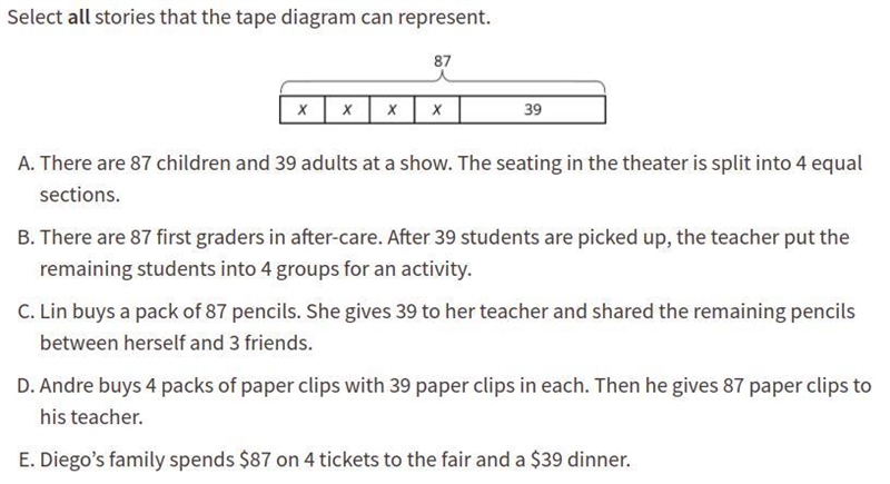 Select all the stories the tape diagram can represent.-example-1