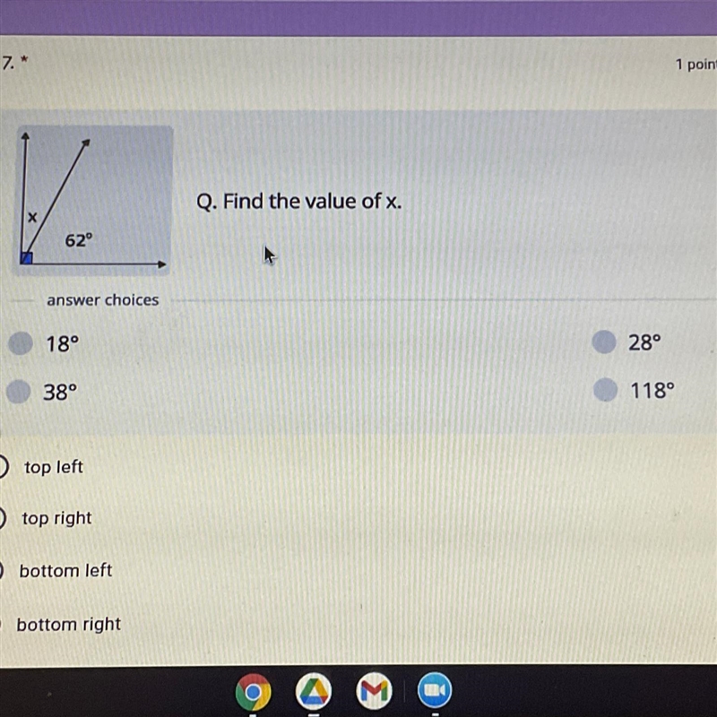 Q. Find the value of x. х 62° answer choices 18° 28° 38° 1180-example-1