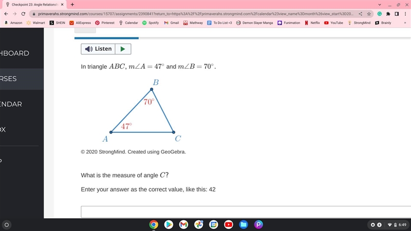 Please help In triangle ABC, m∠A=47∘ and m∠B=70∘. What is the measure of angle C?-example-1