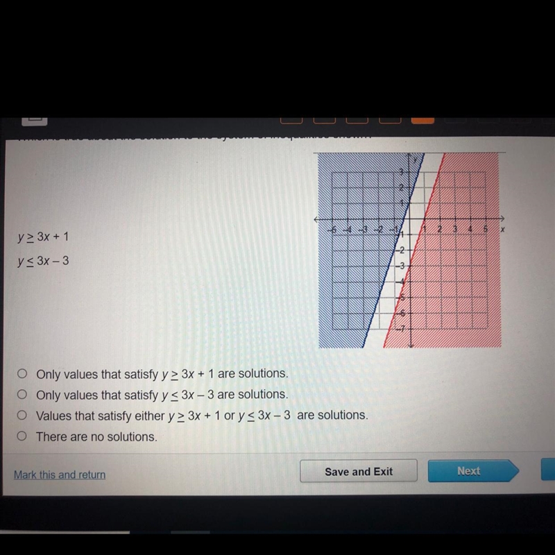 Which is true about the solution to the systems of inequalities shown?-example-1