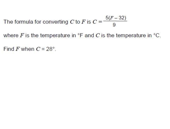 The formula for converting C to F is C = 5(F-32) 9 where F is the temperature in °F-example-1