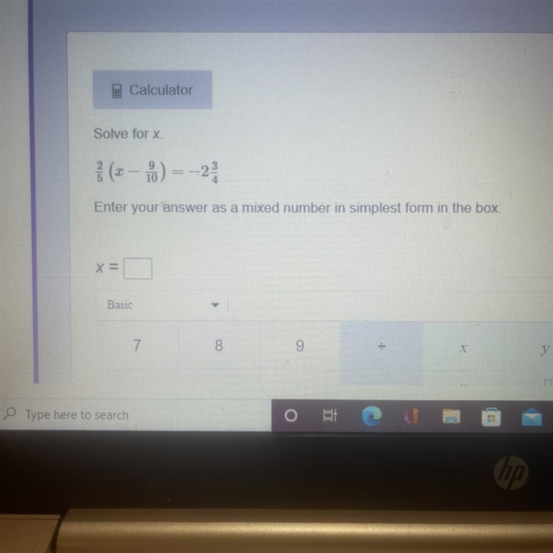 Solve for x. 2/5 (x - 9/10) =- 2 3/4-example-1