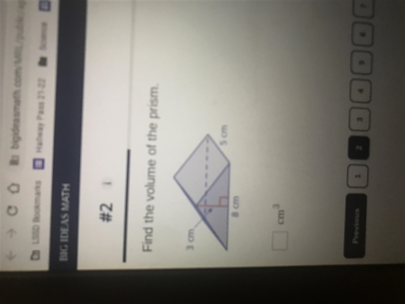 Find the Volume of the Prism. Height= 3cm Length=8cm Width=5cm Please help-example-1