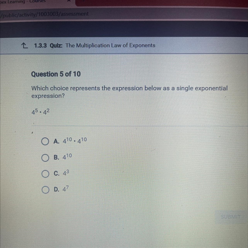 Which choice represents the expression below as a single exponential expression? 4^5 • 42 • A-example-1